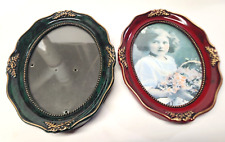 Pair Vintage Lacquered Wood Oval Ornate Picture Photo Frames Green & Red 4X6 picture