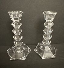 Vintage Set Clear Lead Crystal Candlestick Holder w/Hexagon Base, 5.25” Tall picture