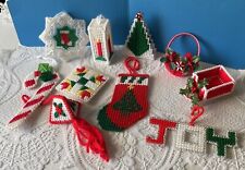 Vintage Handmade Christmas Plastic Canvas Ornaments Lot Of 10 Sleigh Tree Joy picture
