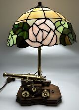 VINTAGE TIFFANY STYLE STAINED GLASS BRASS CANON WOOD TABLE LAMP  17” H x 12” W. picture