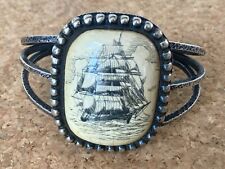 VIntage  1970s Native American Navajo Silver Bracelet Cuff Scrimhaw Sailing Ship picture