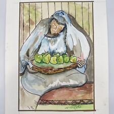 Judaica Original Watercolor Painting: Woman Holding Tray of Apples picture