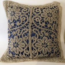 Antique European Royal Blue Satin Normandy Lace Pillow 19x19 Exquisite picture