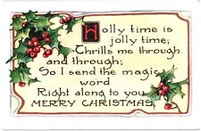 MERRY CHRISTMAS.HOLLY TIME IS JOLLY TIME.VTG 1921 EMBOSSED POSTCARD*B24 picture