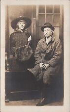 RPPC Postcard Man + Woman In Winter Coats Holding Fur Muff picture