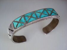 HEFTY OLD ZUNI STERLING SILVER & INLAID GEREEN TURQUOISE ROW BRACELET picture