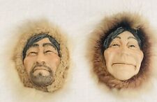 Vtg L’Abers of Love ART Handcrafted Eskimo Man& Woman Elder Wall 6” Mink-DD picture