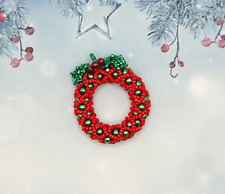Mini Wreath 3D Christmas Ornament Handmade Beaded Green and Red picture