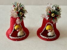 LOT OF 2 VINTAGE FLOCKED BELL CHRISTMAS ORNAMENT HOLIDAY ANGEL picture