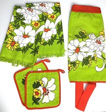 Vintage Retro Terry Cloth Dish Towel Set w/ Waist Apron and Pot Holders Flowers picture