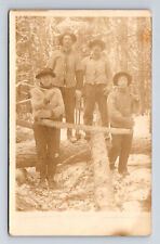 RPPC Four Men with Two Man Saw Axe Logging in Snow Winter Postcard picture