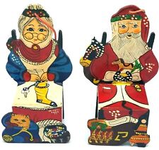 Vtg 1989 Original SIGNED Painted Wood Christmas Ornaments Santa & Mrs. Claus picture