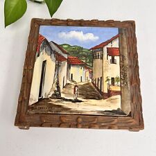 Vintage Hand Painted Tile Framed Art Mexico Street Town Signed M. Cardenas picture