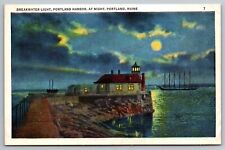 Breakwater Light. Portland Harbor at Night. Maine Vintage Postcard picture