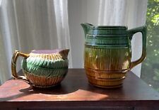 2 Beautiful Antique Glazed Maljorca Pottery Pitchers~Yellow Brown Green Pink picture