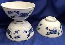 Set of 3 Footed Rice Bowls Blue White Lotus Flower Gold Trim Vintage picture