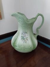 Vintage Large IRONSTONE England Pottery Green Floral Victorian Pitcher Garden  picture