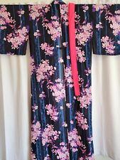 JAPANESE Long Cotton Yukata KIMONO ROBE INDIGO with Purple & Pink FLOWERS picture