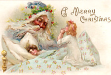 1910 Night Before Christmas Kids Old World Santa Claus Blue Suit Meeker Postcard picture