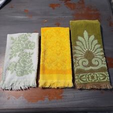 3 ~Vtg MCM Cannon Bath Hand Towel Green/yellow 25x16 Flowers Fringe picture