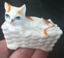 Lot 2 CATS In Baskets Figurines Hand Painted Genuine BONE CHINA Taiwan MINT COND picture