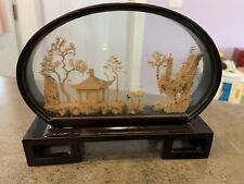 VINTAGE CHINESE SAN YOU DIORAMA CORK CARVING GLASS CASE PAGODA TREES & CRANES. picture
