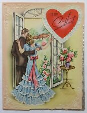 Vtg Valentine To Sweetheart Card-LOVELY COUPLE AT OPEN DOOR PEEPHOLE picture