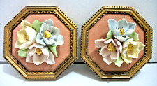 Pair of 2 Vintage 3D Capodimonte Style Porcelain Flowers on Octagon Wall Hanging picture
