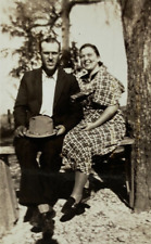 Man & Woman Smiling Sitting On Bench By Tree B&W Photograph 2.75 x 4.5 picture