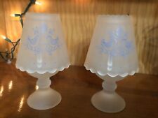Pair of Solid Frosted Glass Candle Holders Etched Blue Bird Shades picture