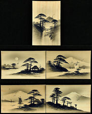 Antique c1907-18 Lot of 5 Unused Japanese Wood Veneer Hand-Painted Postcards picture