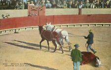 Mexican Bull Fight Dragging Out Dead Bull Vintage 50's Postcard picture