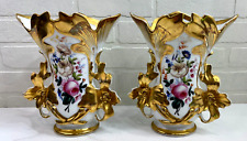 Pair of Antique Porcelain Floral Vases OLD PARIS? Hand Painted Floral Gold Gilt picture