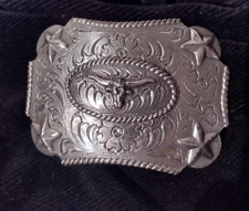 Texas Longhorn on Ornate silver tone Nocona Belt Buckle with stars in corners picture