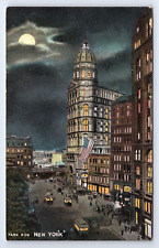 Postcard Park Row New York City NY Night View US Flag Moonlight picture