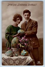 Latvia Postcard RPPC Photo Easter Couple Romance With Eggs c1920's Antique picture