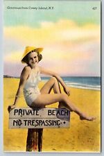 Greetings From Coney Island NY Private Beach No Trespassing Postcard Girl picture
