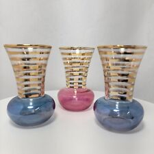 Set of 3 Vintage Bartlett Collins MCM Glass Bud Vases W/Gold Gilt Stripes picture