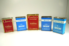 SPICE TINS Vintage 1933 Metal Seasoning Cans 3 Blue Crescent 2 Red Schilling picture