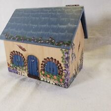Vintage Toleware Tole Hand Painted Recipe Box Holder House Shape w/ Hinged Lid picture