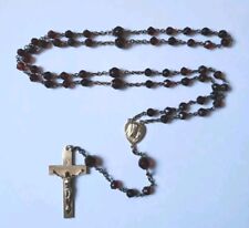 Vtg Red Garnet Cut Glass Beads Rosary 19in Mary Heart Brass Cntr Medal Crucifix  picture