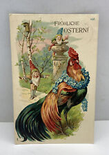 Frohliche Ostern - Happy Easter. Posted in Germany Postcard rooster and elfs picture