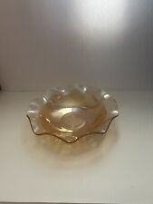 Vintage Jeanette Carnival Glass Amber Iris Herringbone Ruffle Edge Bowl picture
