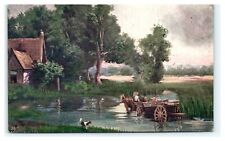 Postcard 1910 The Ford Wagon Pond Water People Dog House Trees Scenic View picture