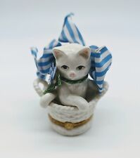 Mudpie Cat in Basket Trinket Box Pansy Vintage Porcelain 1998 Blue Bow  picture