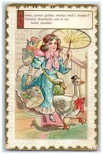c1910's Pretty Girl Ladie's Chamber Goose Flowers Embossed Antique Postcard picture