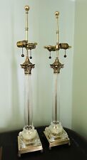 Vintage Pair Hollywood Regency SPEER Brass Base Glass Column Lamps Double Socket picture