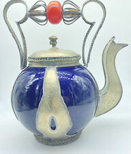 Moroccan Tea-pot Kettle Vintage Cobalt Silverplate Bird Gooseneck Spout Ornate picture