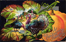 Happy Thanksgiving Greeting Series No 5 Country Turkey Pumpkin Embossed Postcard picture