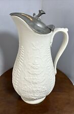 Antique English White Parian Pitcher w/ Pewter Lid Fern Pattern Relief Porcelain picture